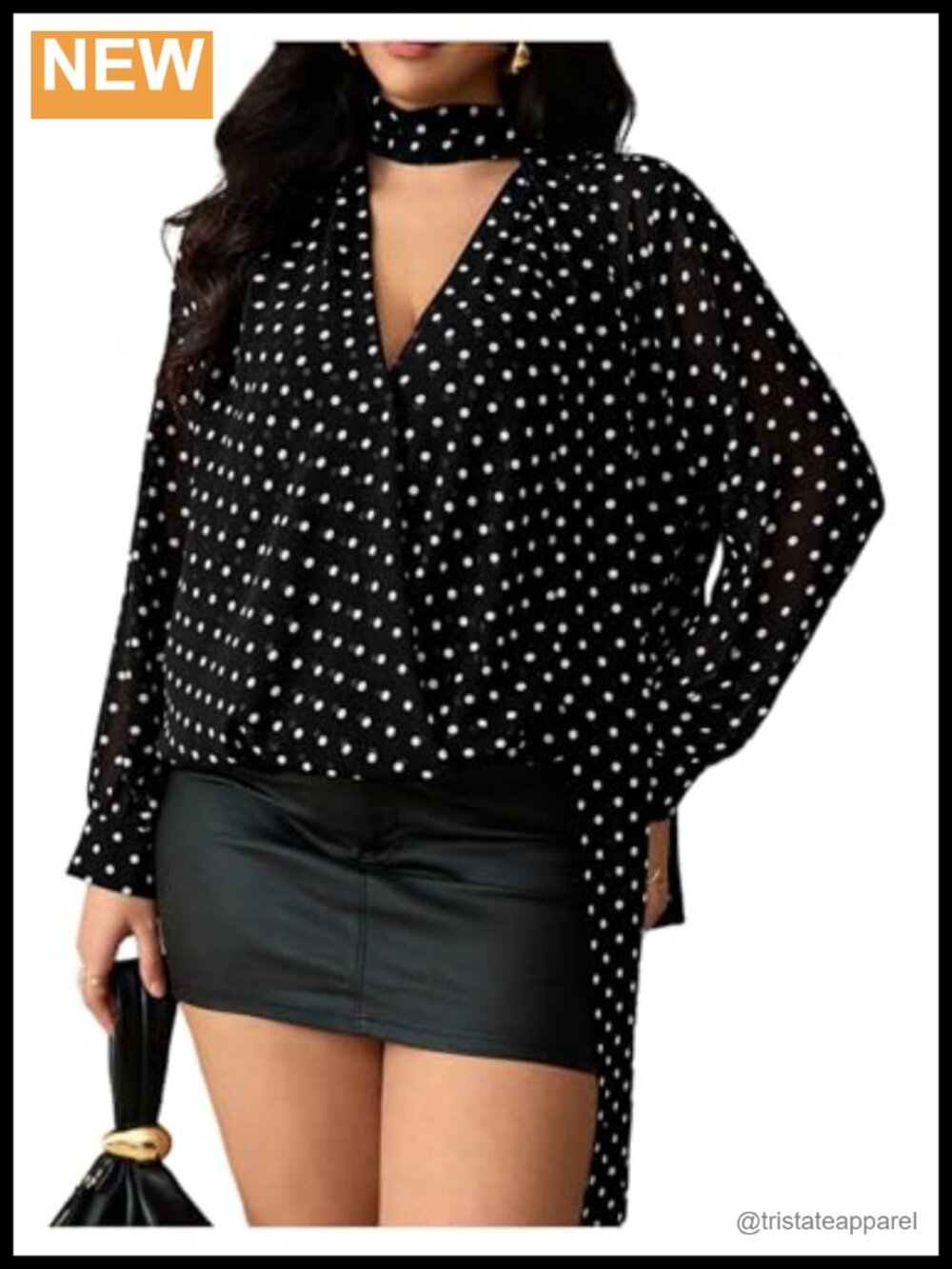 Plus Size Polka Dots Chiffon Long Sleeve V Neck Blouse with Scarf Women's